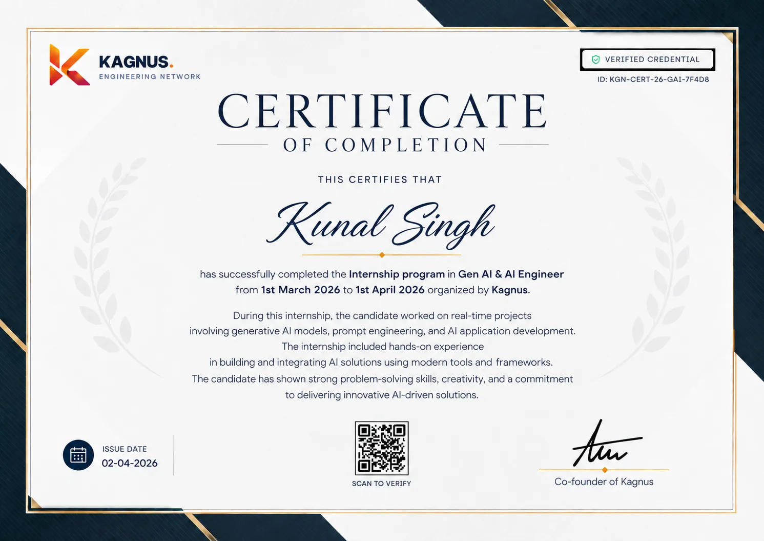 Official Kagnus Gen AI & AI Engineer Completion Certificate