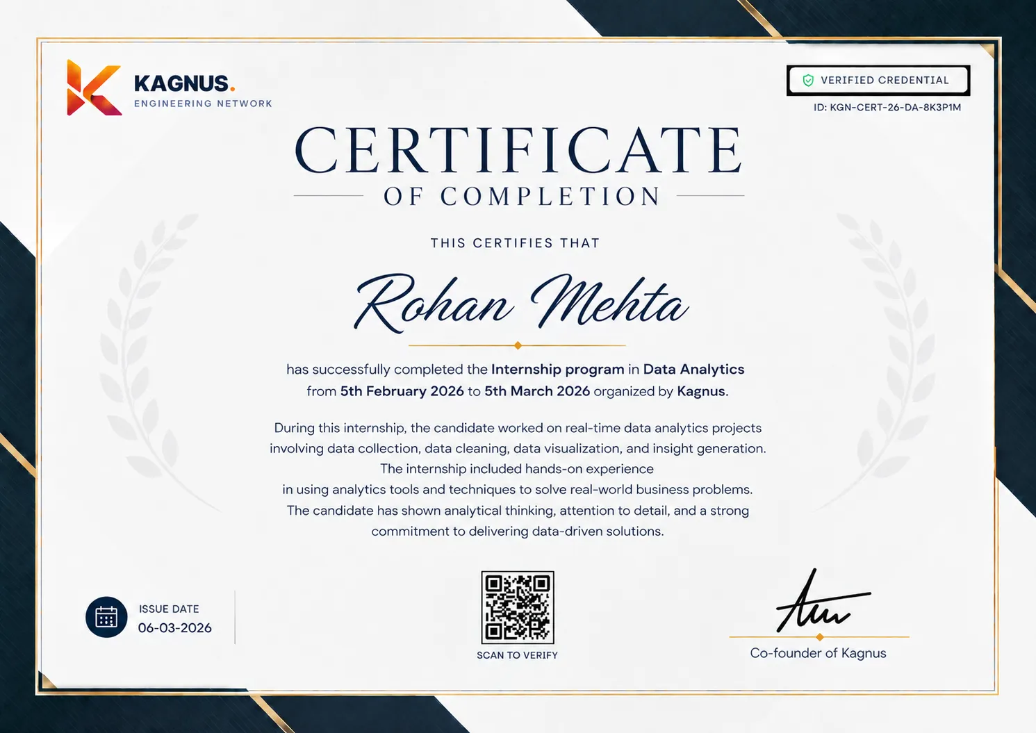 Official Kagnus Data Analyst Completion Certificate