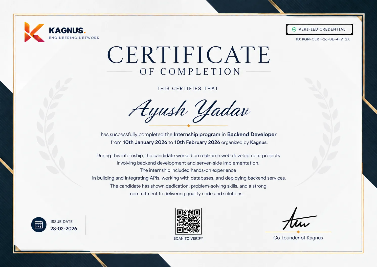Official Kagnus Backend Developer Completion Certificate