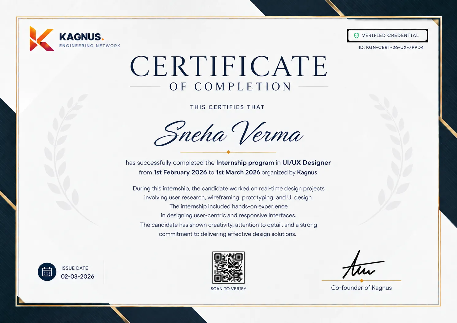 Official Kagnus UI / UX Developer Completion Certificate